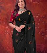 Black floral embroidered poly georgette saree
