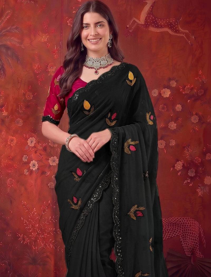 Black floral embroidered poly georgette saree