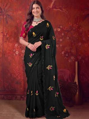 Black floral embroidered poly georgette saree 2