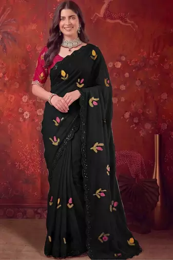 Black floral embroidered poly georgette saree