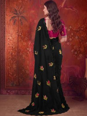Black floral embroidered poly georgette saree 3