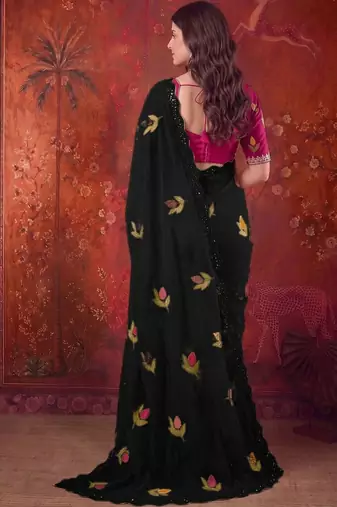 Black floral embroidered poly georgette saree
