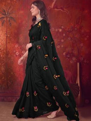 Black floral embroidered poly georgette saree 4
