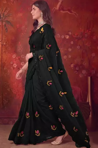 Black floral embroidered poly georgette saree