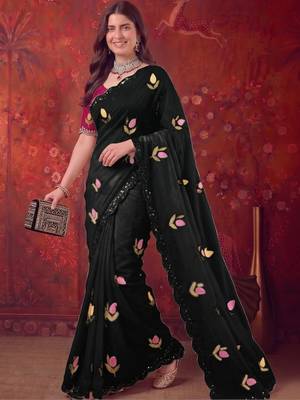 Black floral embroidered poly georgette saree 5