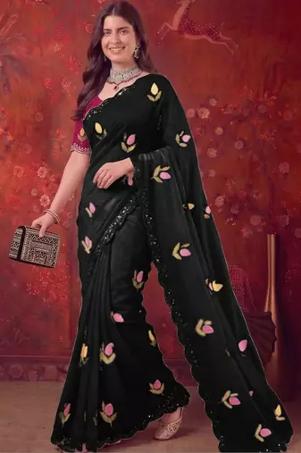 Black floral embroidered poly georgette saree