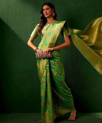 Green ethnic motifs woven designed kanjeevaram saree 2