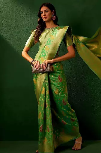 Green ethnic motifs woven designed kanjeevaram saree