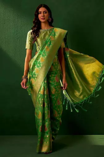 Green ethnic motifs woven designed kanjeevaram saree