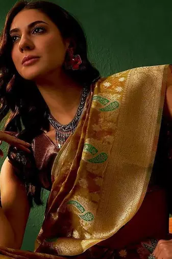 Gold ethnic motifs woven designed kanjeevaram saree