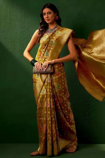 Gold ethnic motifs woven designed kanjeevaram saree