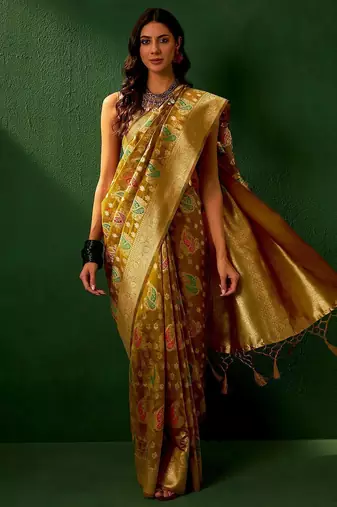 Gold ethnic motifs woven designed kanjeevaram saree
