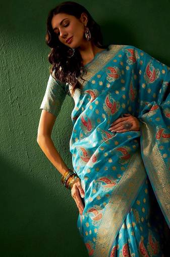 Teal eyhnic motifs woven designed kanjeevaram saree