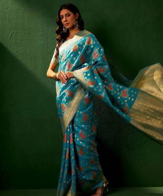Teal eyhnic motifs woven designed kanjeevaram saree 2