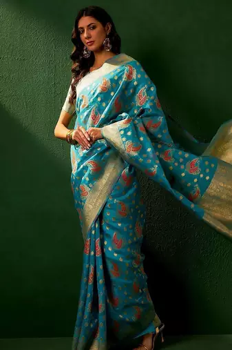 Teal eyhnic motifs woven designed kanjeevaram saree