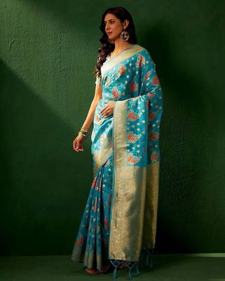 Teal eyhnic motifs woven designed kanjeevaram saree 3