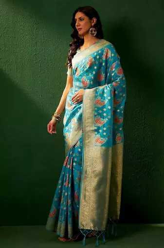 Teal eyhnic motifs woven designed kanjeevaram saree