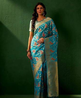 Teal eyhnic motifs woven designed kanjeevaram saree 4