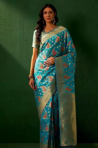 Teal eyhnic motifs woven designed kanjeevaram saree
