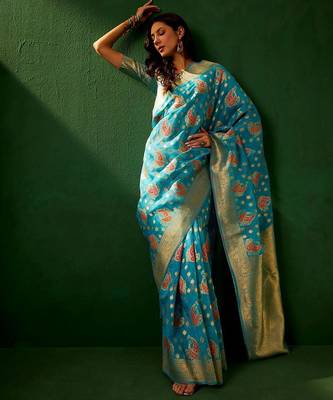 Teal eyhnic motifs woven designed kanjeevaram saree 5
