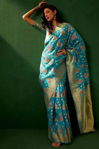 Teal eyhnic motifs woven designed kanjeevaram saree