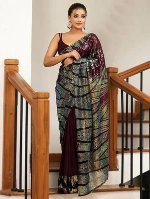 Maroon embellished sequinned party wear saree 1