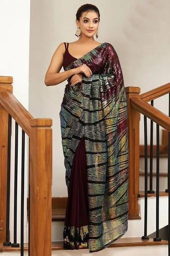 Maroon embellished sequinned party wear saree
