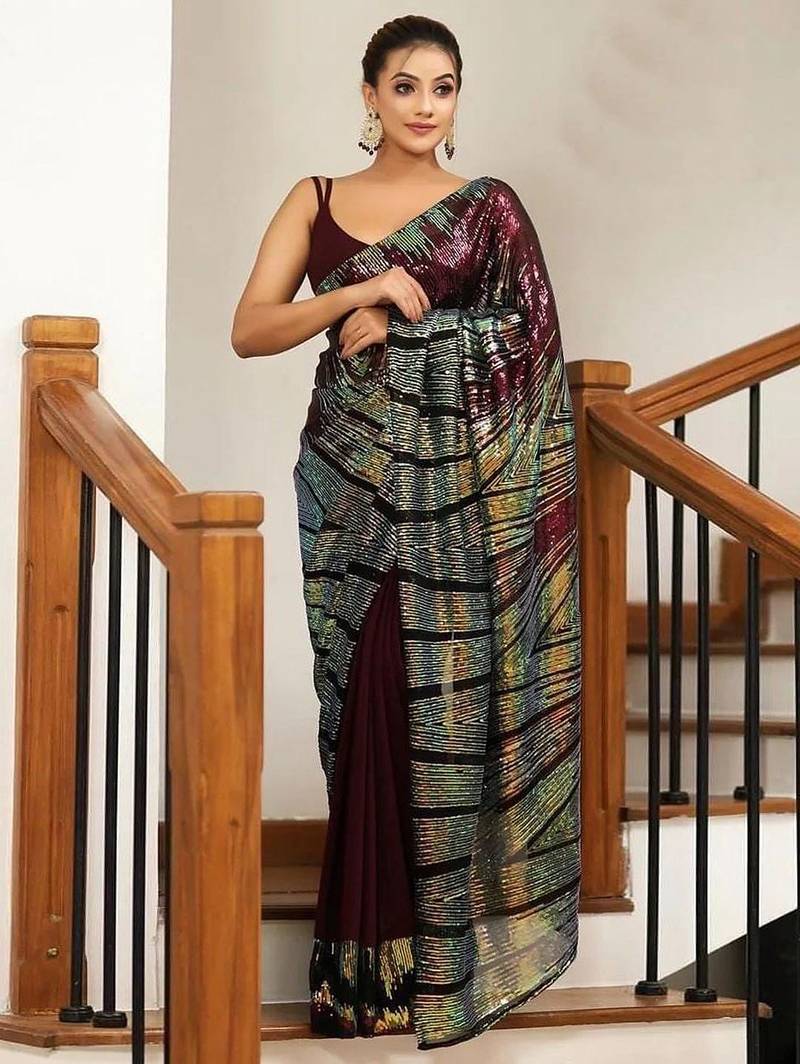 Maroon embellished sequinned party wear saree