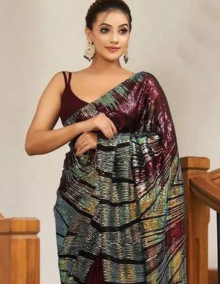 Maroon embellished sequinned party wear saree 2