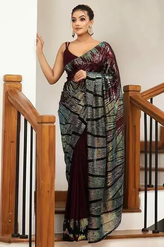 Maroon embellished sequinned party wear saree