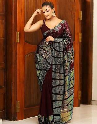 Maroon embellished sequinned party wear saree 4
