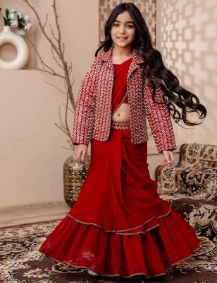 Red girls lehenga saree with jacket 1