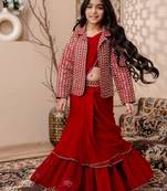 Red girls lehenga saree with jacket