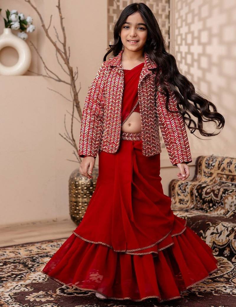 Red girls lehenga saree with jacket