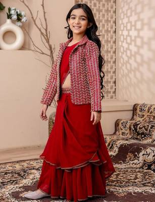 Red girls lehenga saree with jacket 3