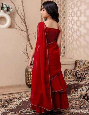 Red girls lehenga saree with jacket 5