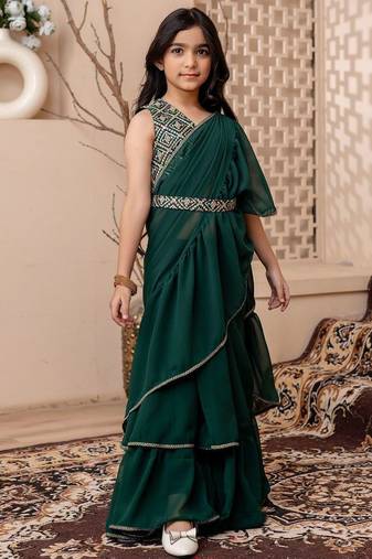 Green girls saree with blouse
