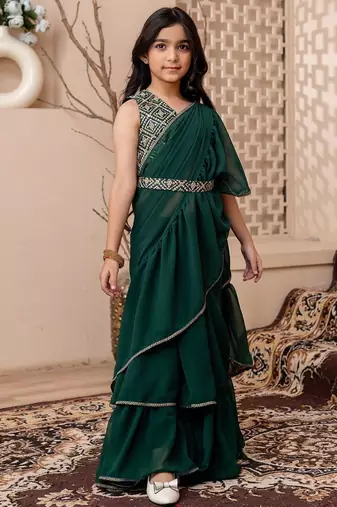Green girls saree with blouse