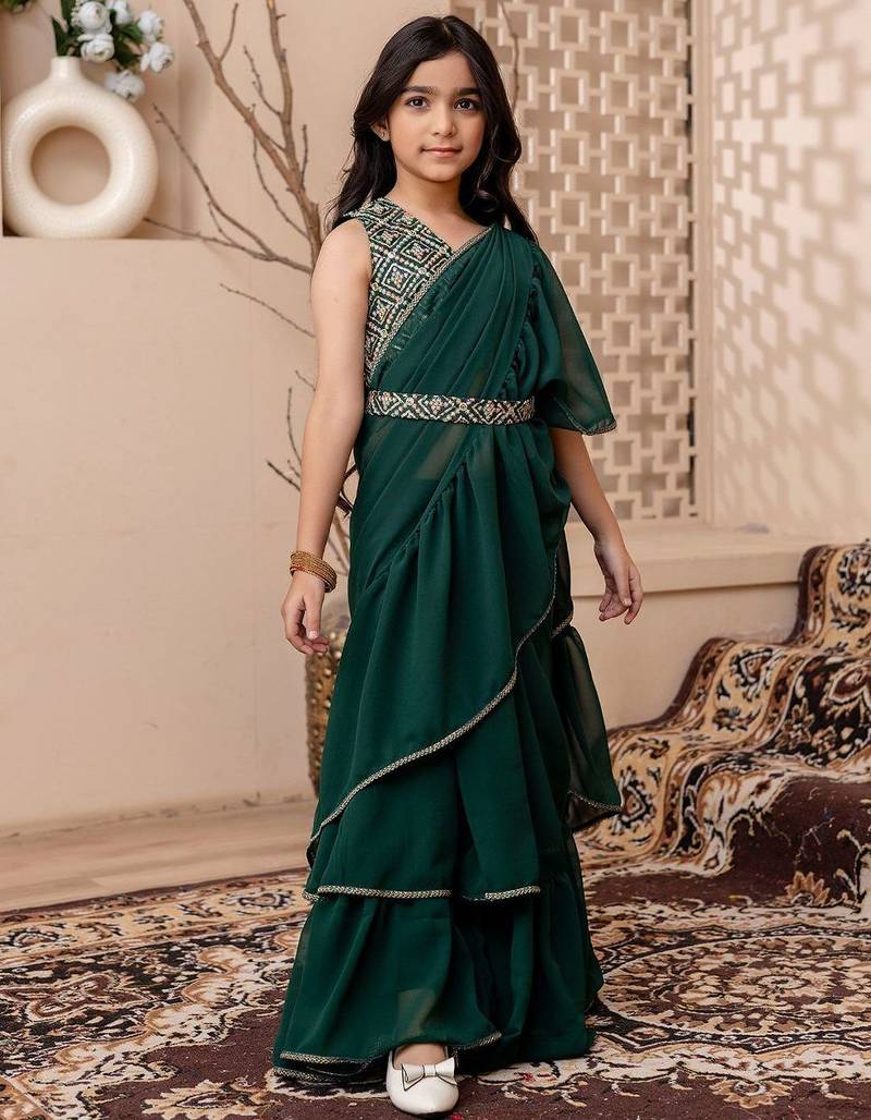 Green girls saree with blouse