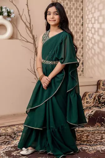 Green girls saree with blouse