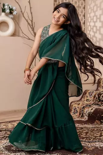 Green girls saree with blouse
