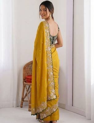 Mustard embellished embroidered sarees with unstitched blouse piece 3