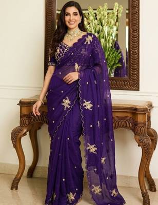 Purple embellished sarees with unstitched blouse piece 1