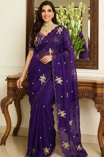 Purple embellished sarees with unstitched blouse piece