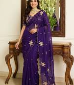 Purple embellished sarees with unstitched blouse piece
