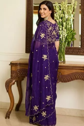 Purple embellished sarees with unstitched blouse piece