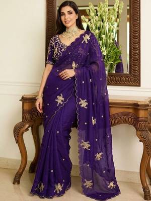Purple embellished sarees with unstitched blouse piece 3