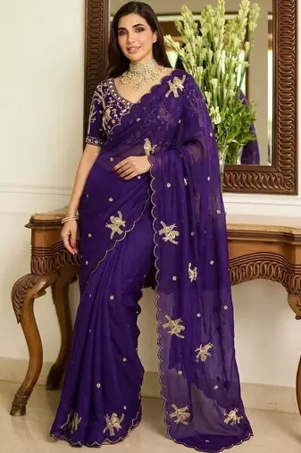 Purple embellished sarees with unstitched blouse piece