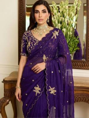 Purple embellished sarees with unstitched blouse piece 4