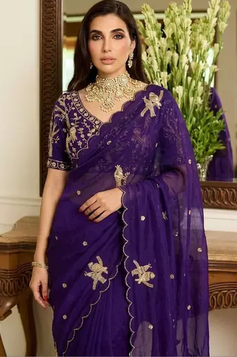 Purple embellished sarees with unstitched blouse piece